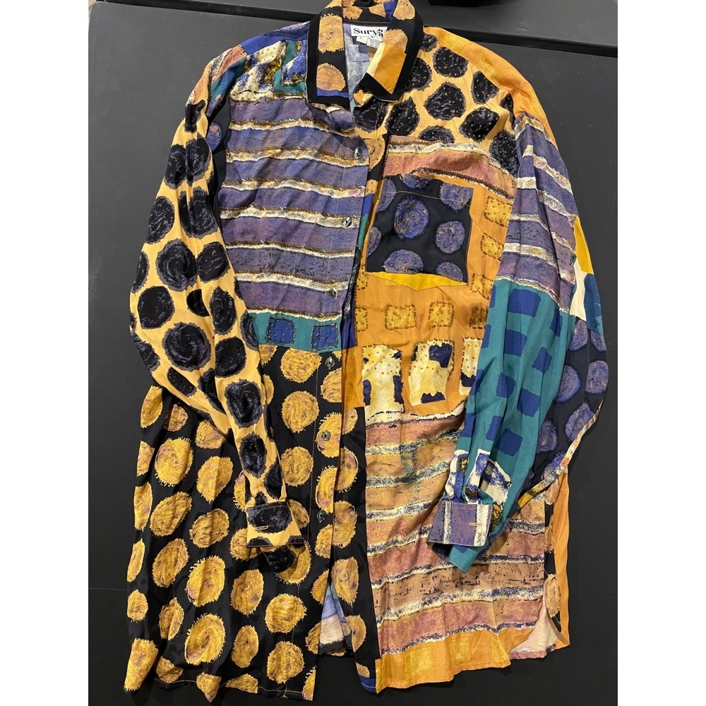 Surya Women's Abstract Print Long Sleeve Button Up Shirt Size L Rayon
